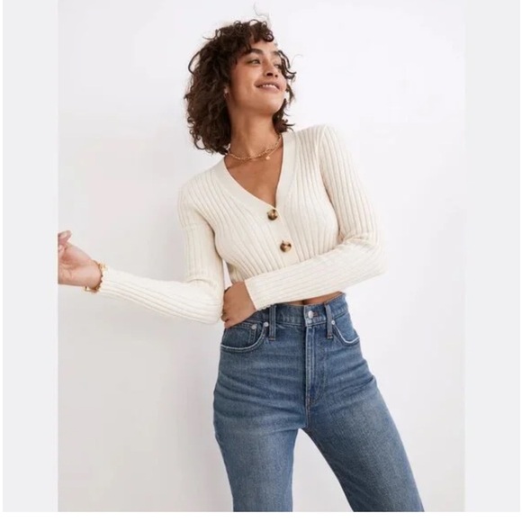 Madewell Brenville Crop Cardigan Wool Blend Sweater in Antique Cream Ribbed XS - Picture 4 of 11